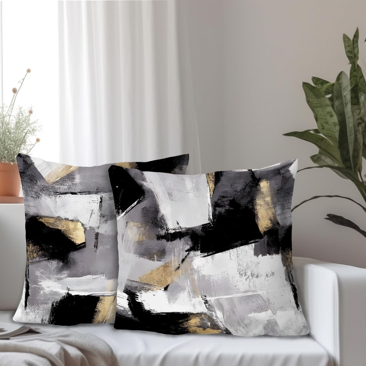 Supwhd Black And White Pillow Covers, Abstract White Black And Gold Pillow Covers 20X20 Set Of 2, Modern Black And White Pillow