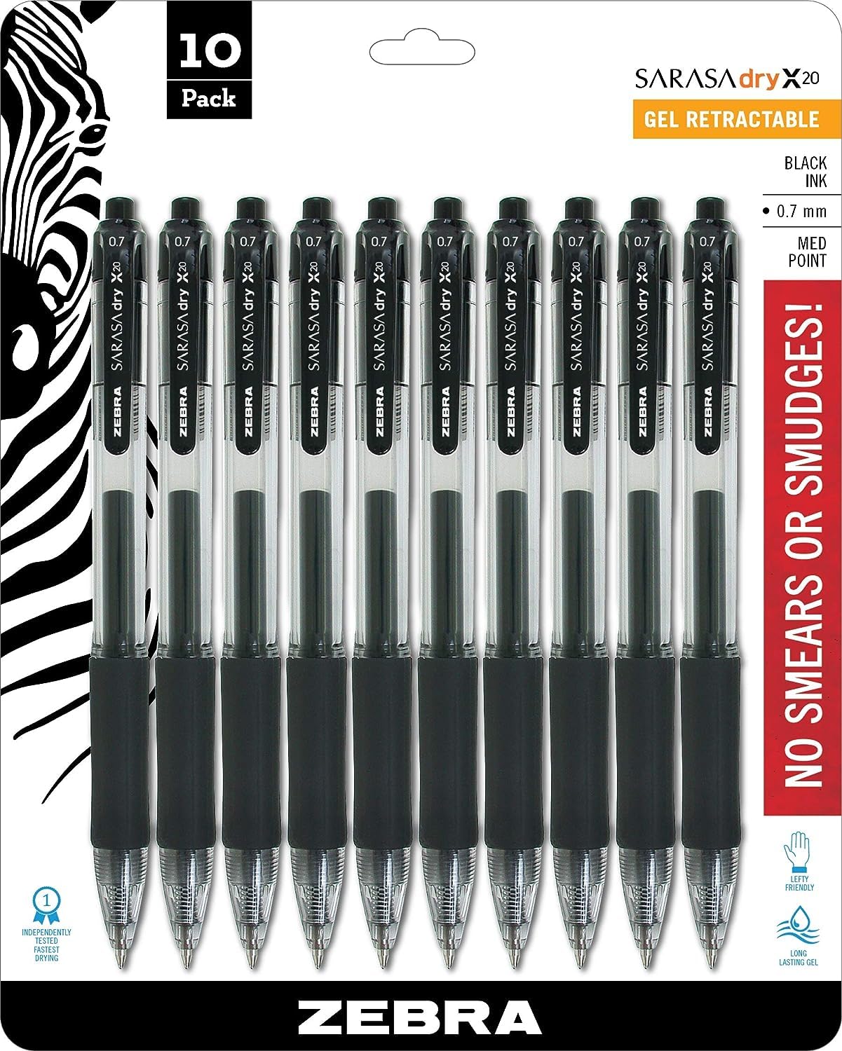 Zebra Pen Sarasa Dry X20 Retractable Gel Pen, Medium Point, 0.7Mm, Black Ink, 10-Pack (Packaging May Vary)