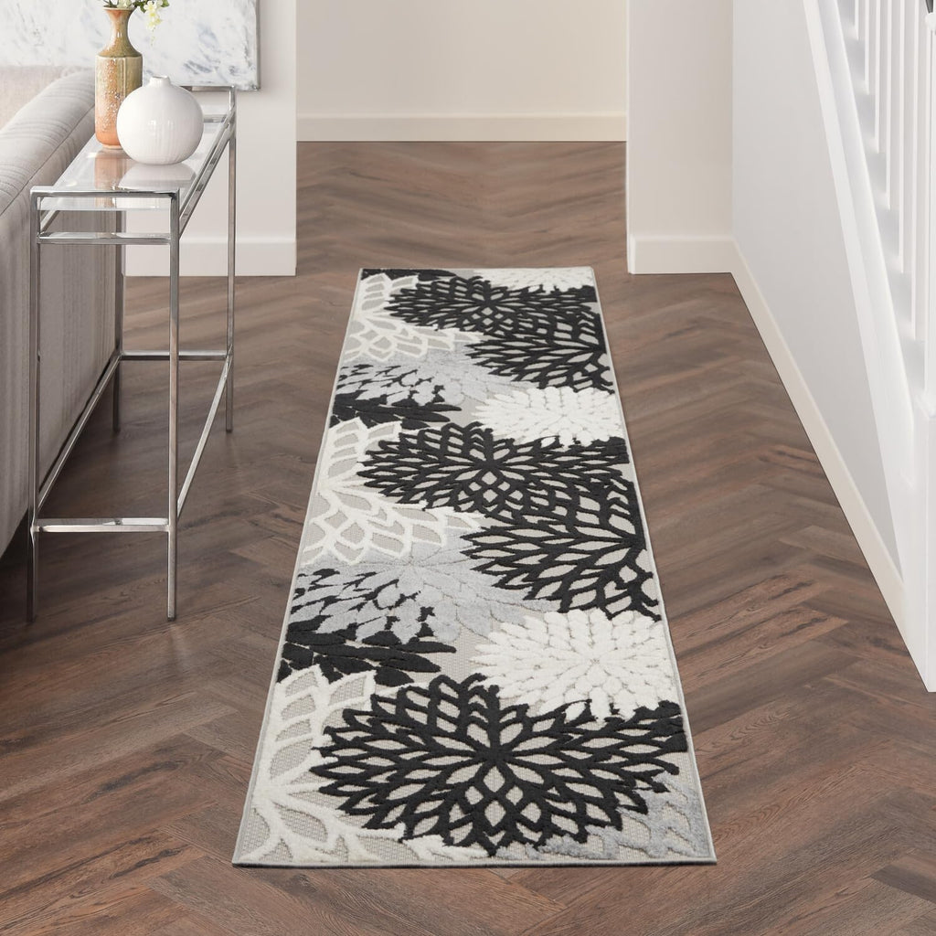 Nourison Aloha Indoor/Outdoor Black White 2'3' X 10' Area Rug, Tropical, Botanical, Easy -Cleaning, Non Shedding, Bed Room, Living Room, Dining Room, Deck, Backyard, Patio (2X10)
