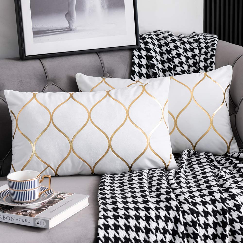 Dezene Gold Velvet Throw Pillow Covers Off White: 2 Pack 12X20 Inch Rectangular Decorative Pillow Cases For Bedroom Sofa Couch L