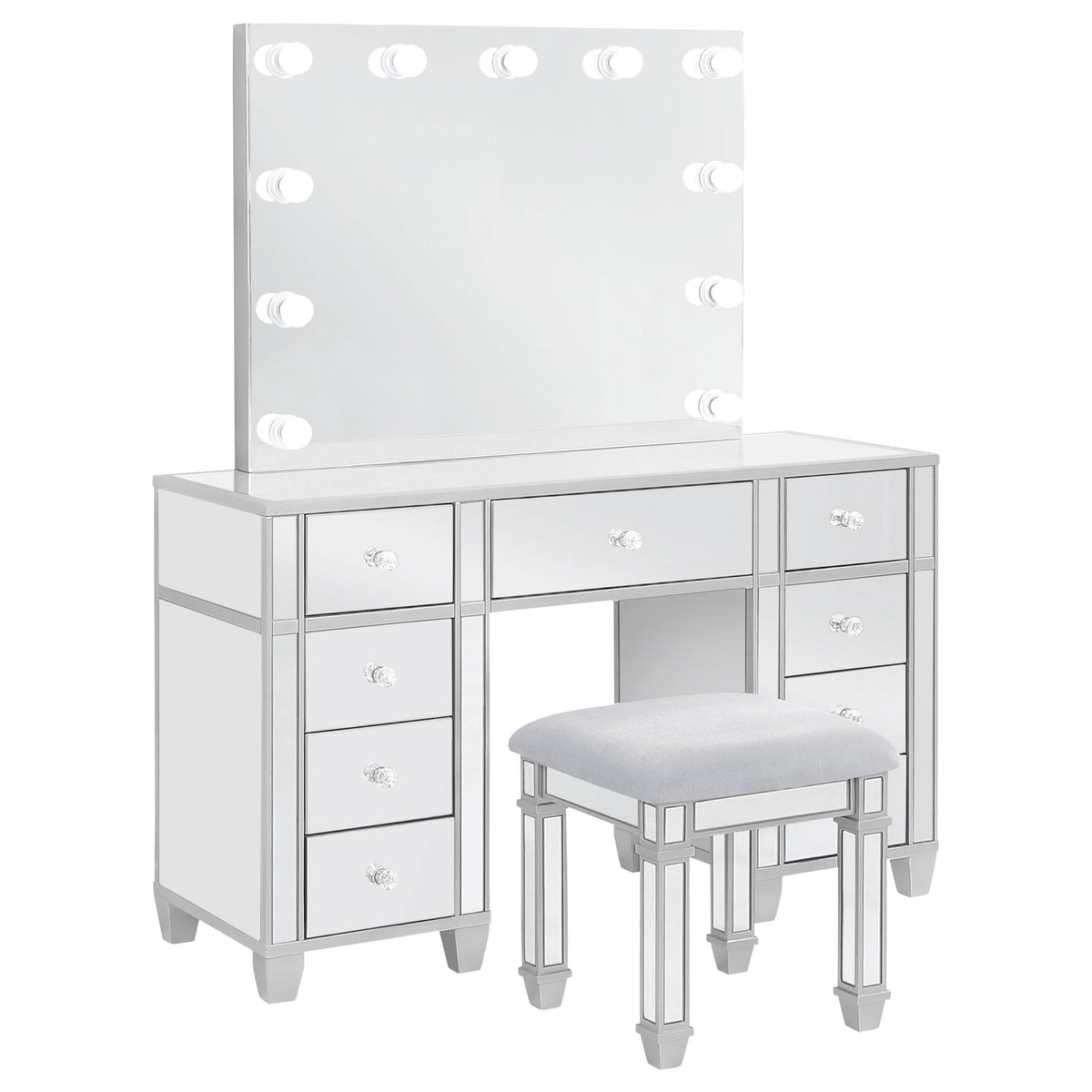 Coaster Home Furnishings Allora Modern Classic 3-Piece 9-Drawer Mirrored Makeup Vanity Desk With Hollywood Vanity Mirror For Bedroom With Grey Velvet Upholstered Stool Metallic Silver 930242