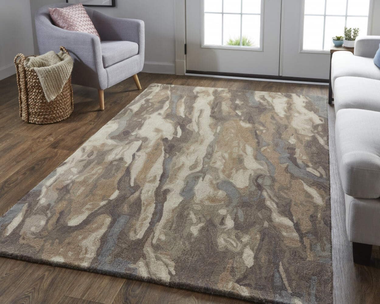 HomeRoots 512733 9 x 12 ft. Brown Gray & Tan Wool Abstract Hand Tufted Handmade Stain Resistant Rectangle Area Rug