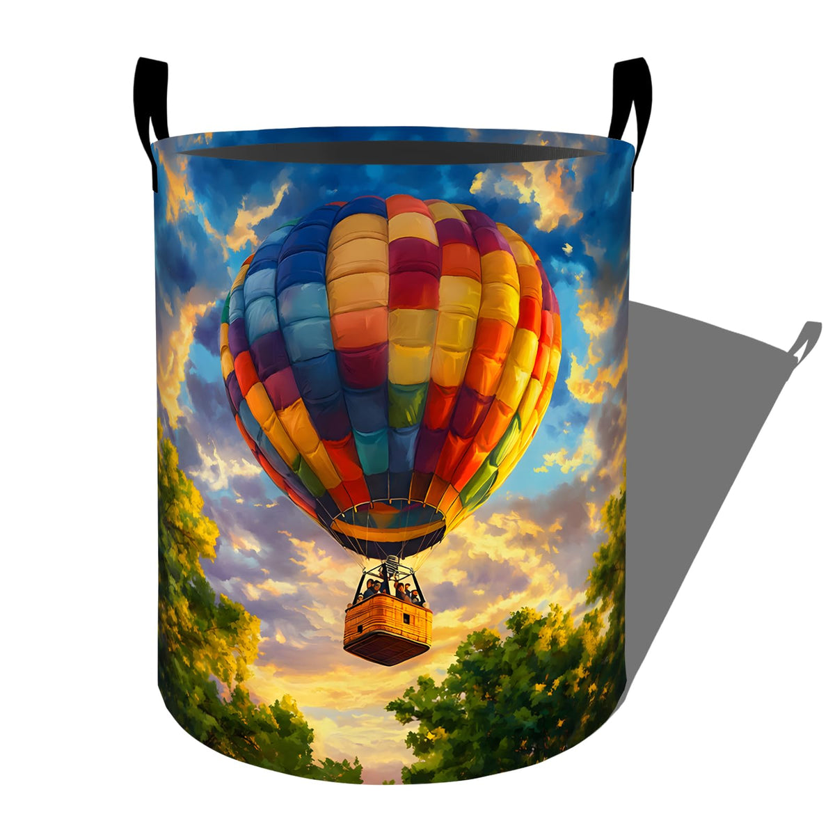 Ti Caldi Hot Air Balloon Laundry Basket, Sunset Woodland Storage Hamper, Round Collapsible Waterproof Cloth Bin, 19.7x15.7 Inch 