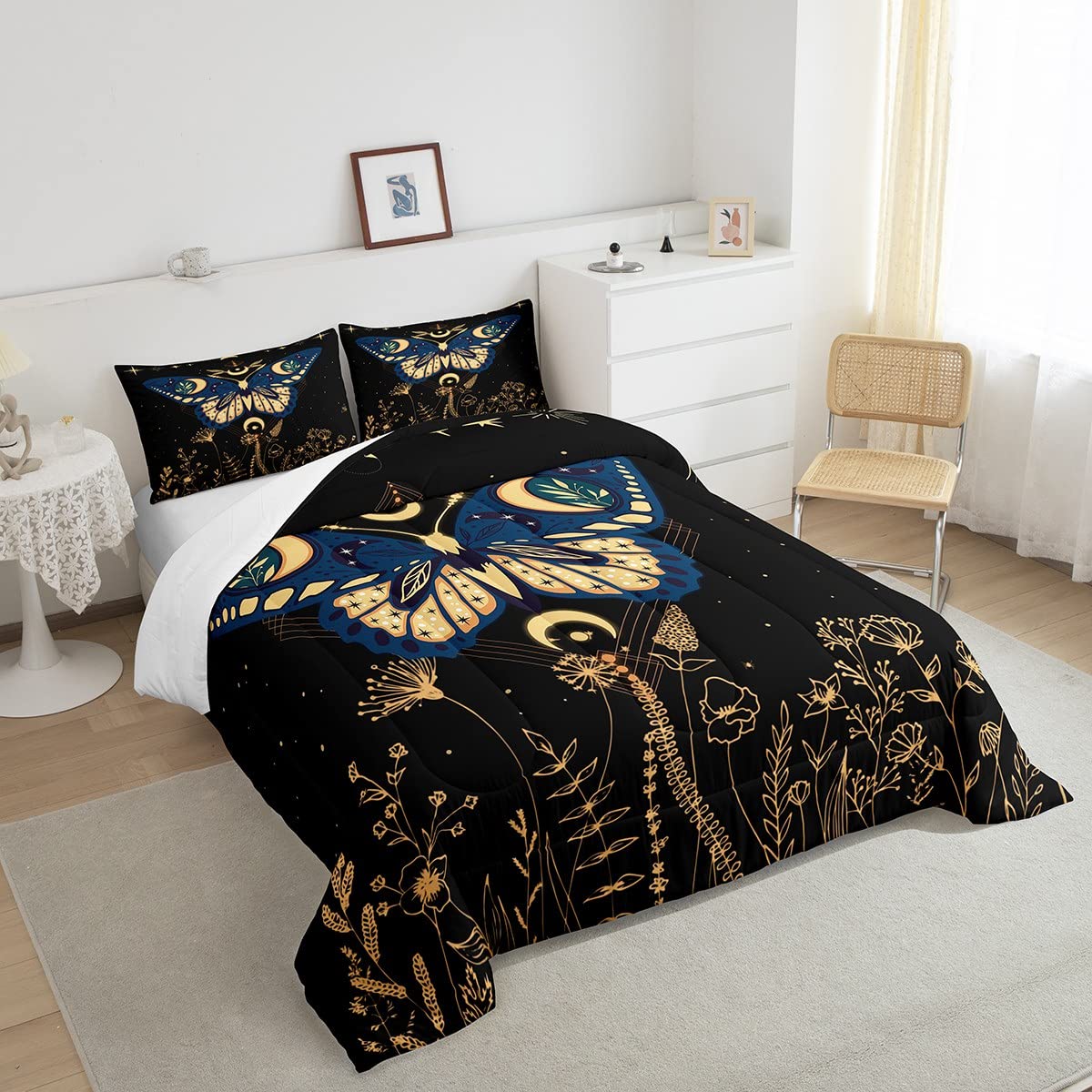 Erosebridal Butterfly Bedding Set Full, Halloween Boho Moth Comforter Set For Adult Women Men 3Pcs,Black Starry Sky Down Comfort
