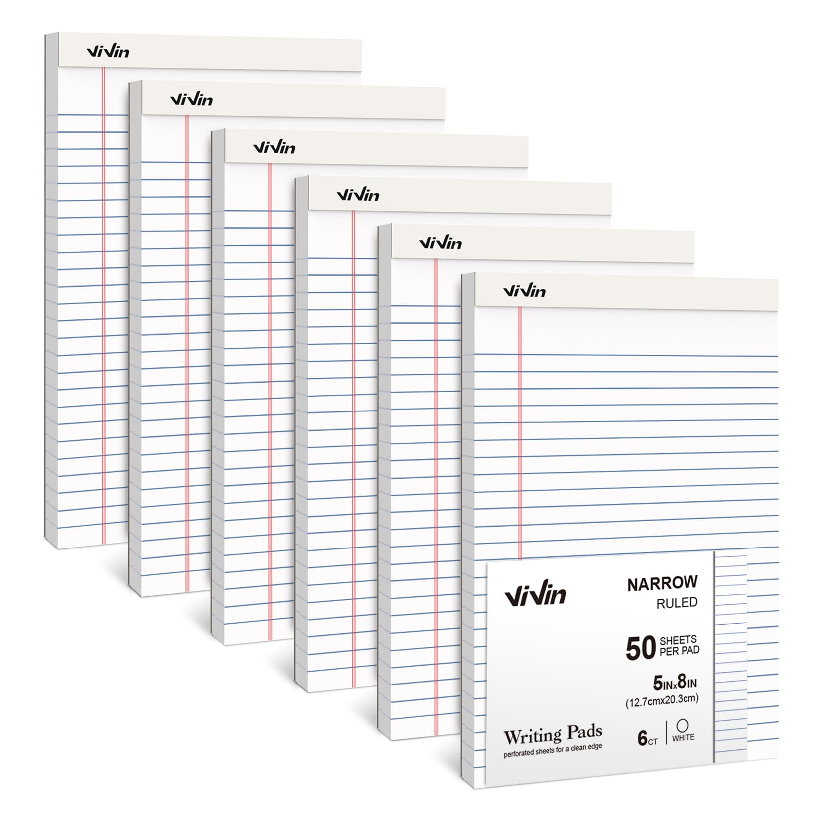 Vivin 5 X 8 Inch Note Pads, 6 Pack, Narrow Ruled, 50 Sheets Per Writing Pad, Perforated, Legal Pads Ideal For Home, Office, Busi