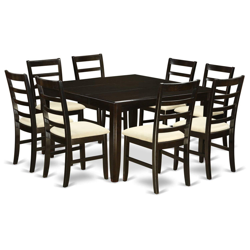 East West Furniture PARF9-CAP-C 9 Piece Dining Table Set Includes a Square Dining Room Table with Butterfly Leaf and 8 Linen Fabric Upholstered Chairs, 54x54 Inch, Cappuccino