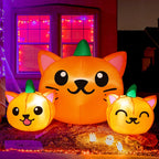 Comin Halloween Inflatable 5Ft Long Three Pumpkin Cat Head Combo With Built-In Leds, Blow Up Yard Decoration For Holiday Party I