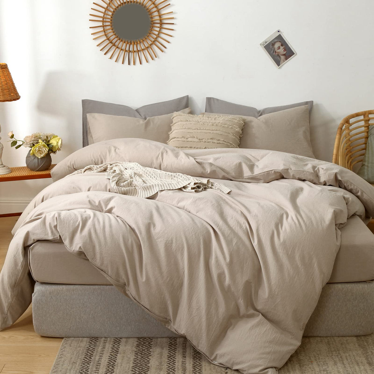 Moomee Bedding Duvet Cover Set 100% Washed Cotton Linen Like Textured Breathable Durable Soft Comfy (Taupe, Oversized Queen)