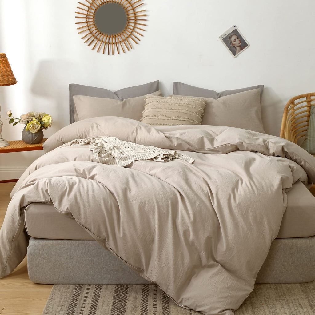Moomee Bedding Duvet Cover Set 100% Washed Cotton Linen Like Textured Breathable Durable Soft Comfy (Taupe, Twin)