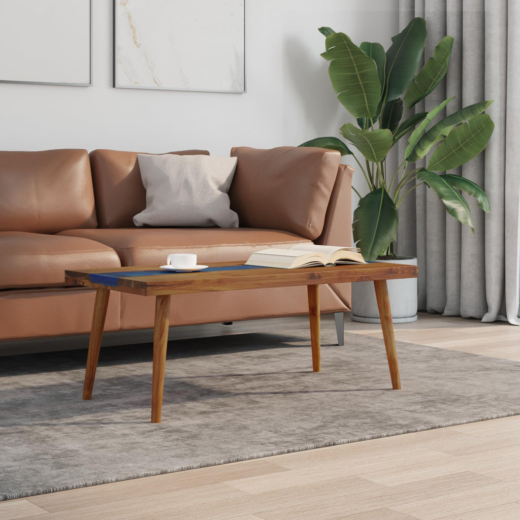 vidaXL Coffee Table with Resin Inlay, Rectangular Center Table with Lacquer Finish for Living Room, Fully Handmade, Solid Teak Wood, 39.4''x19.7''x15.8'', Brown and Blue