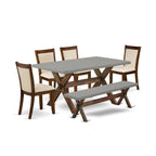 East West Furniture X796Mzn32-6 6 Piece Dining Set Contains A Rectangle Dining Room Table With X-Legs And 4 Light Beige Linen Fabric Parson Chairs With A Bench, 36X60 Inch, Multi-Color