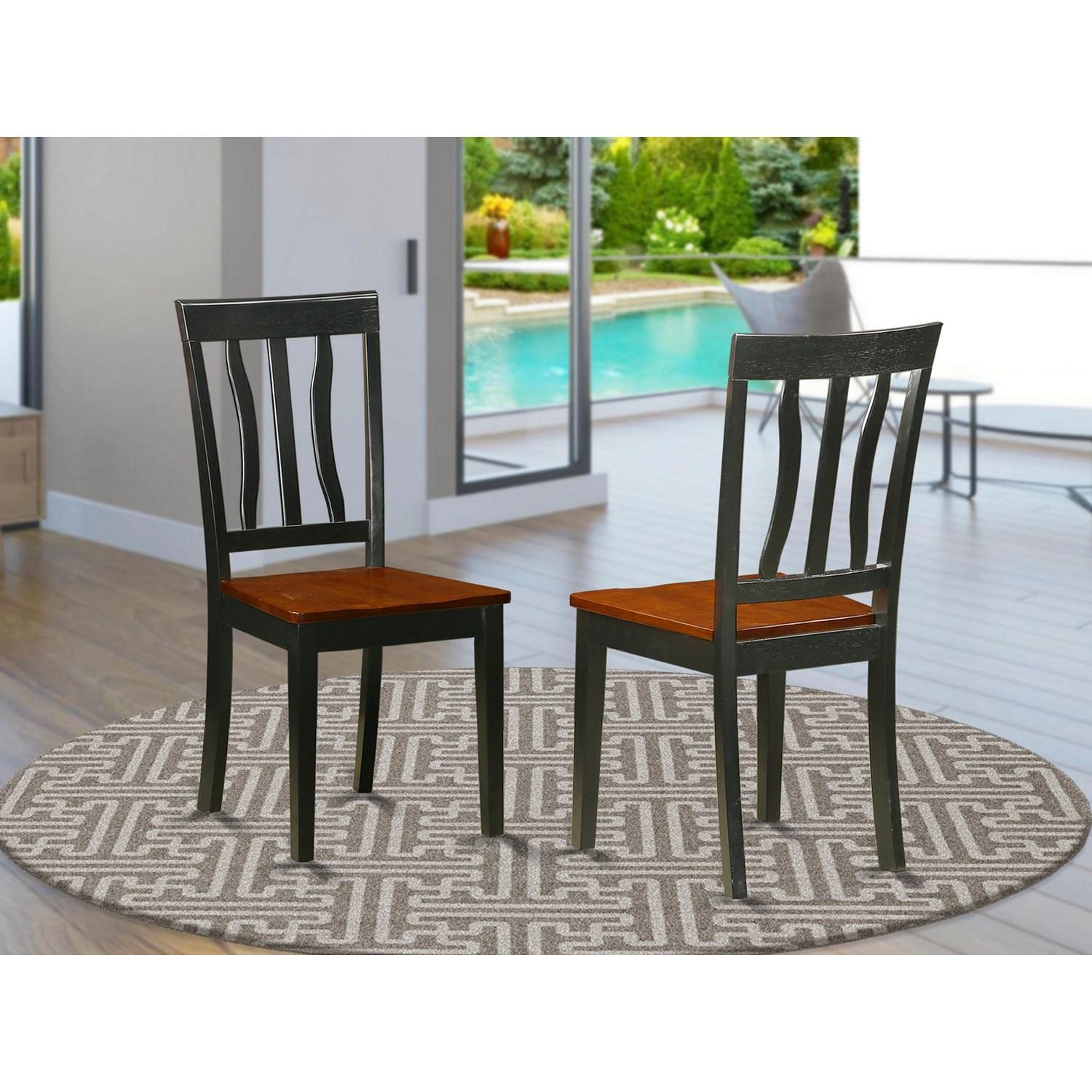 East West Furniture ANC-BLK-W Antique Kitchen Dining Chairs - Slat Back Wooden Seat Chairs, Set of 2, Black & Cherry
