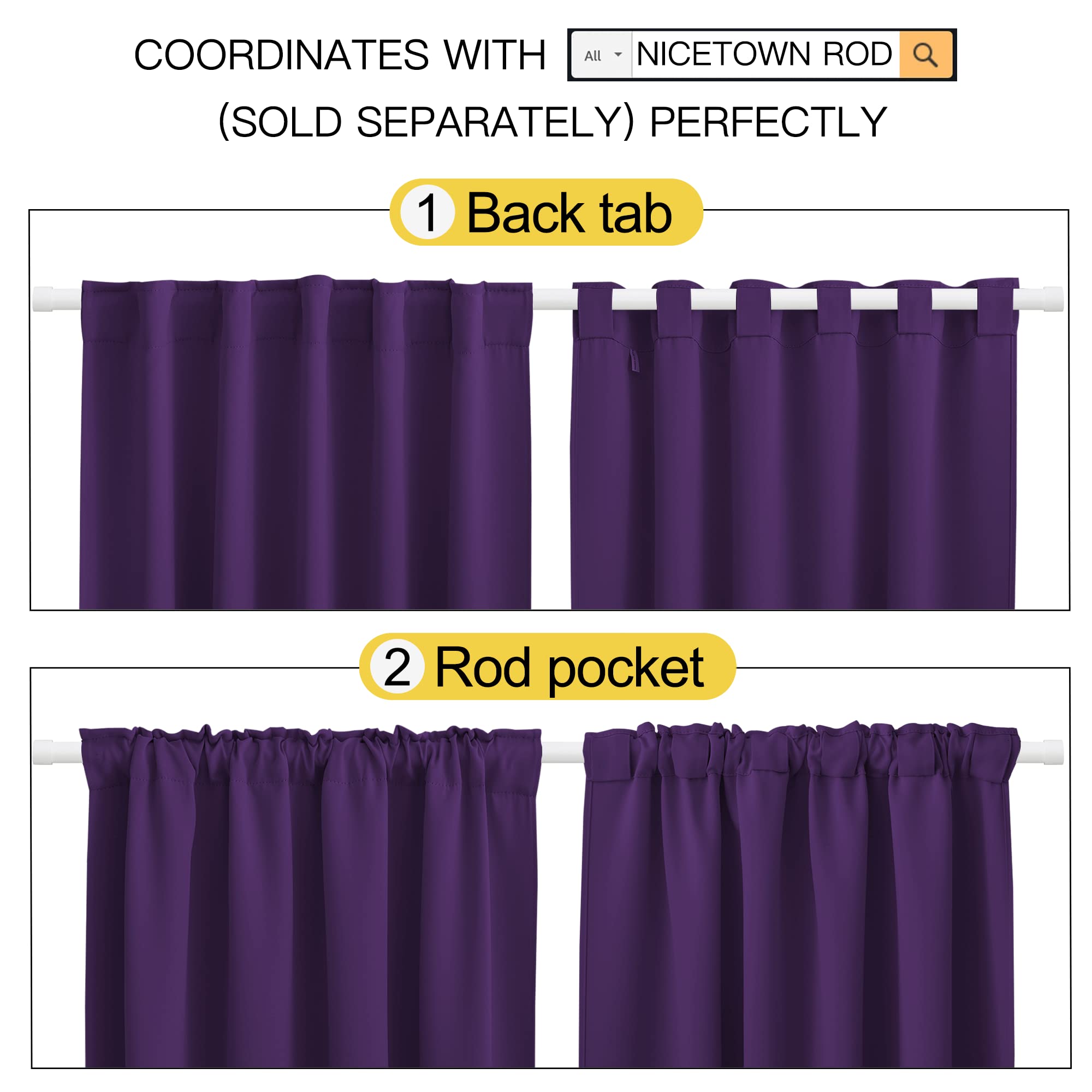 Nicetown Bedroom Blackout Draperies And Window Treatment- (Dark Royal Purple Color) 52 Width X 95 Length, 2 Panels Set, Solid Blackout Curtain Panels