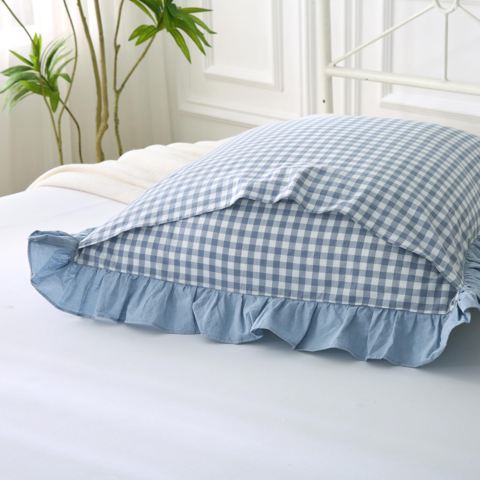 Mywinlle Blue White Plaid Euro Pillow Shams 2 Pack Ruffle Pillowcases,Shabby French Country Checkered Pillow Cover Washed Cotton
