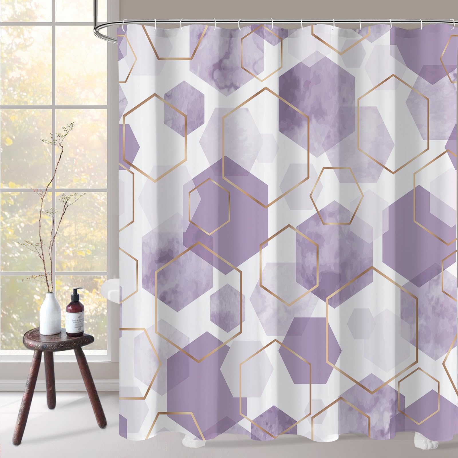 Litabel Modern Long Shower Curtain For Bathroom, Lavender Geometric Art Decor Waterproof Bath Curtain, Abstract Fabric Shower Cu