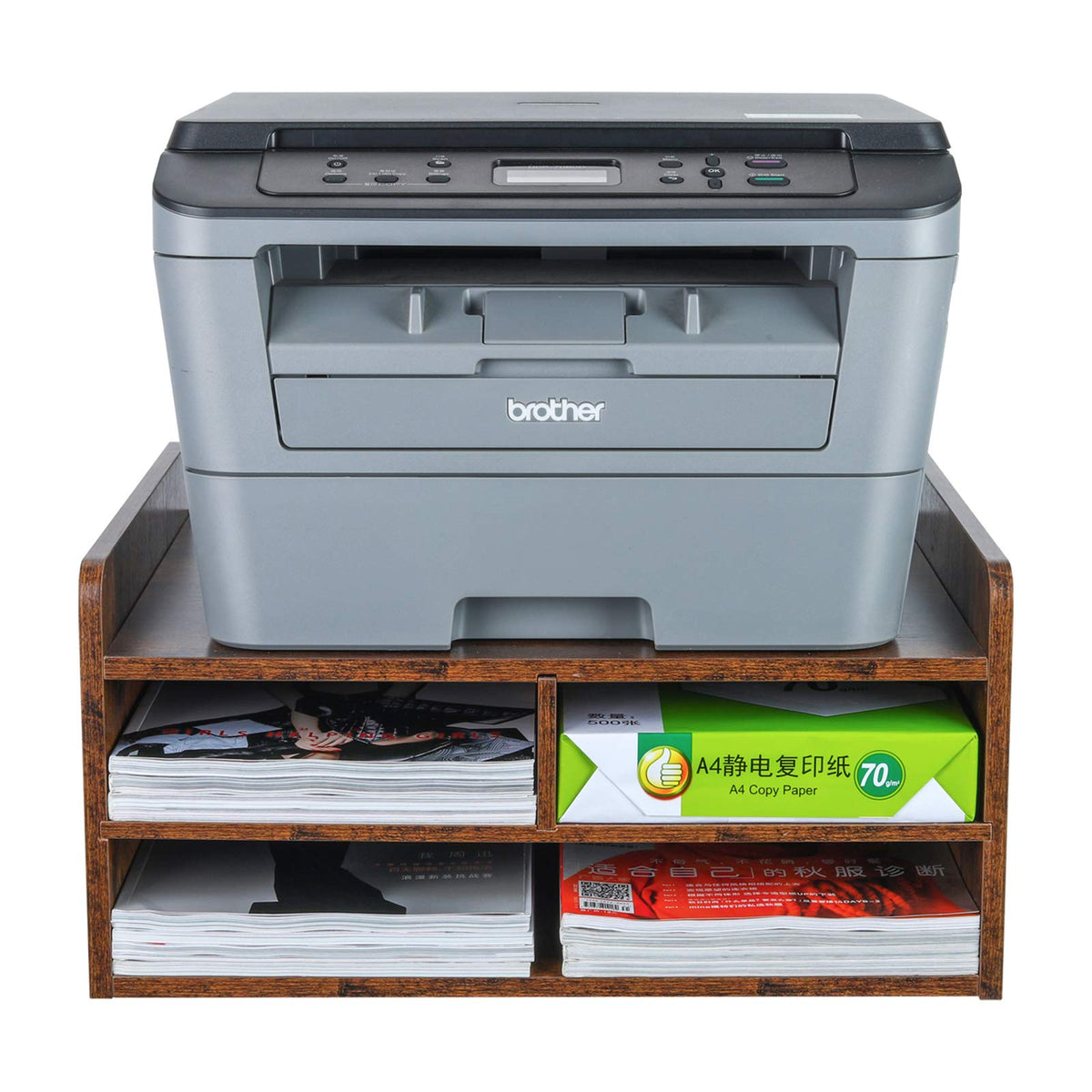 Pag Desktop Printer Stand With Storage, Paper Storage Holder Rack For Desk, Wooden Printer Organization For Home/Office, Black