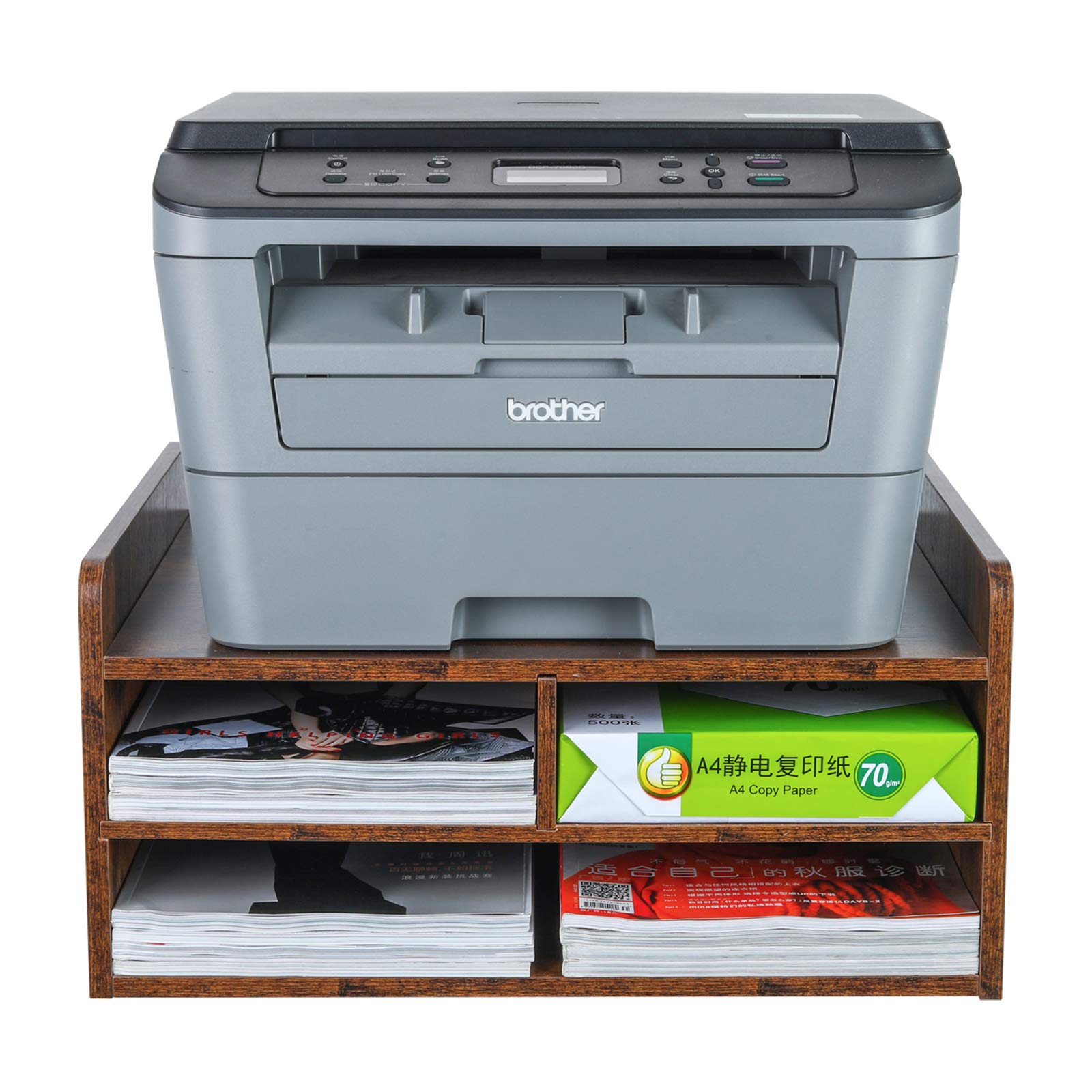 Pag Desktop Printer Stand With Storage, Paper Storage Holder Rack For Desk, Wooden Printer Organization For Home/Office, Black