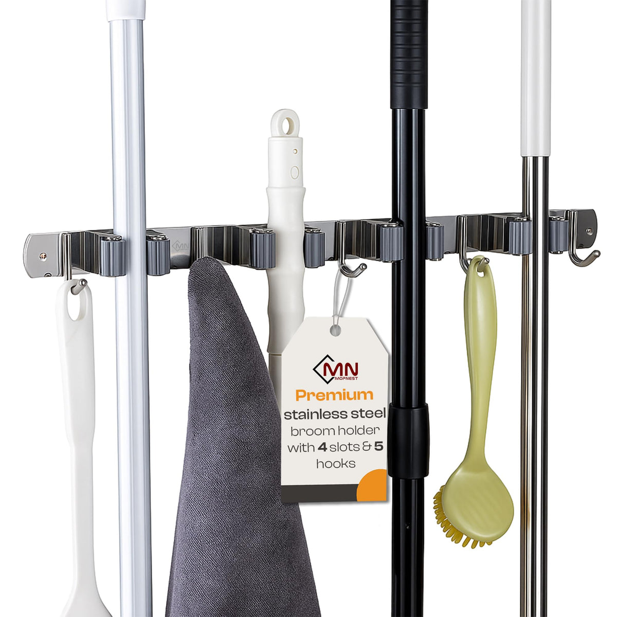 Stainless Steel Broom Holder Wall Mount, 4 Racks & 5 Hooks