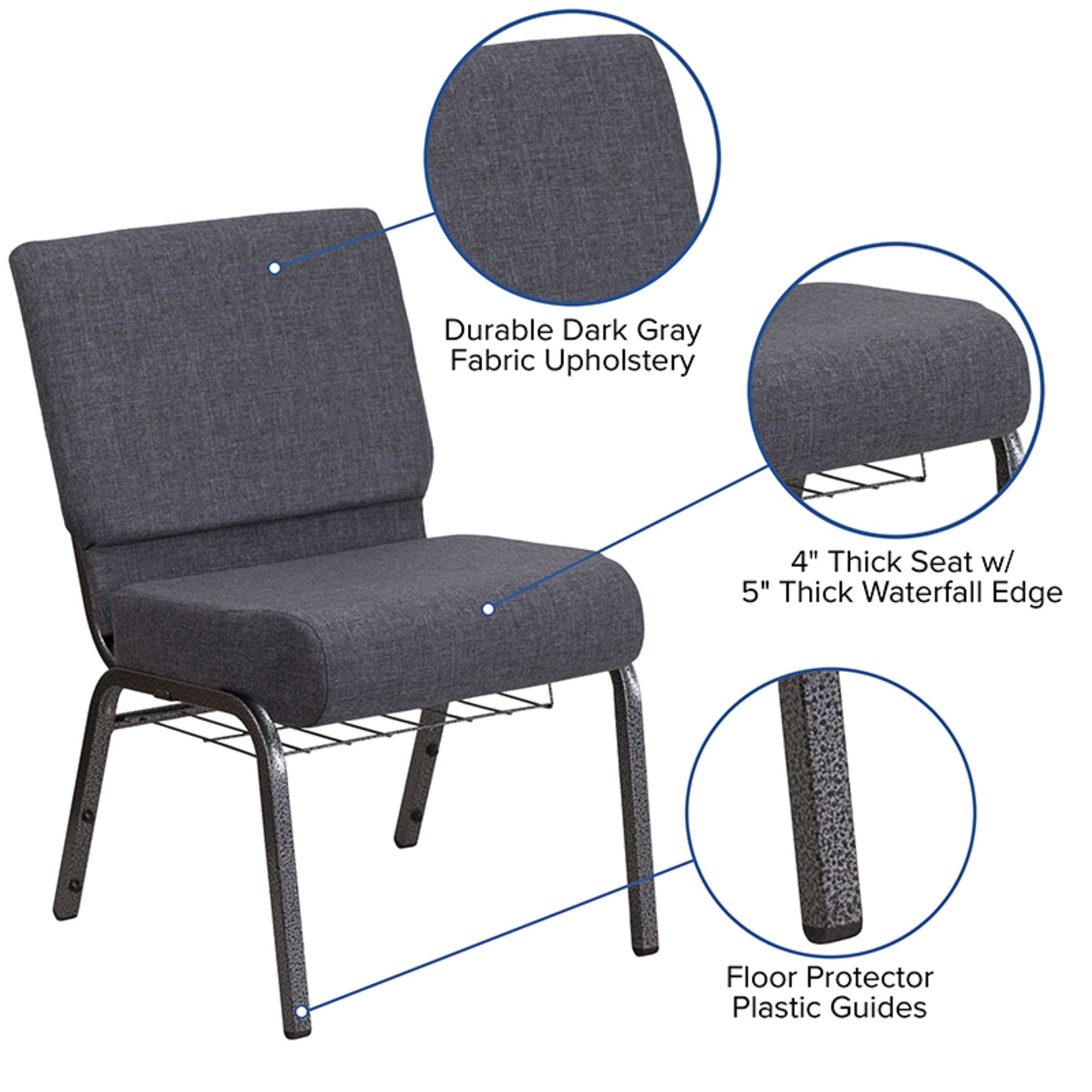 Flash Furniture Hercules Series 21''W Church Chair In Dark Gray Fabric With Book Rack - Silver Vein Frame