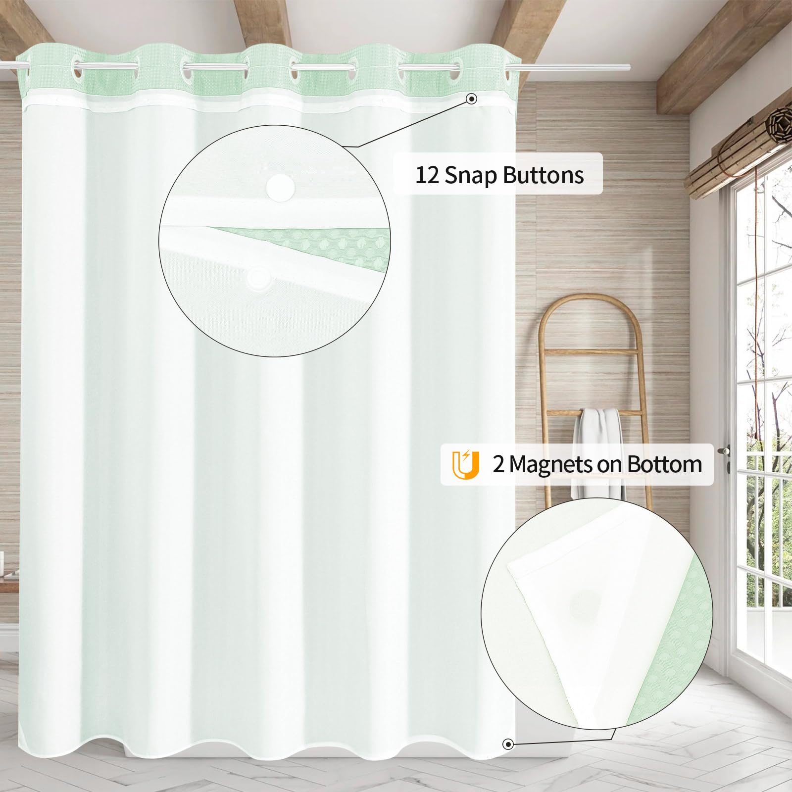 Mitovilla No Hooks Needed Extra Long Shower Curtain Set With Snap-In Liner, Green 86 Inch Xl Heavyweight Waffle Fabric Cloth Sho