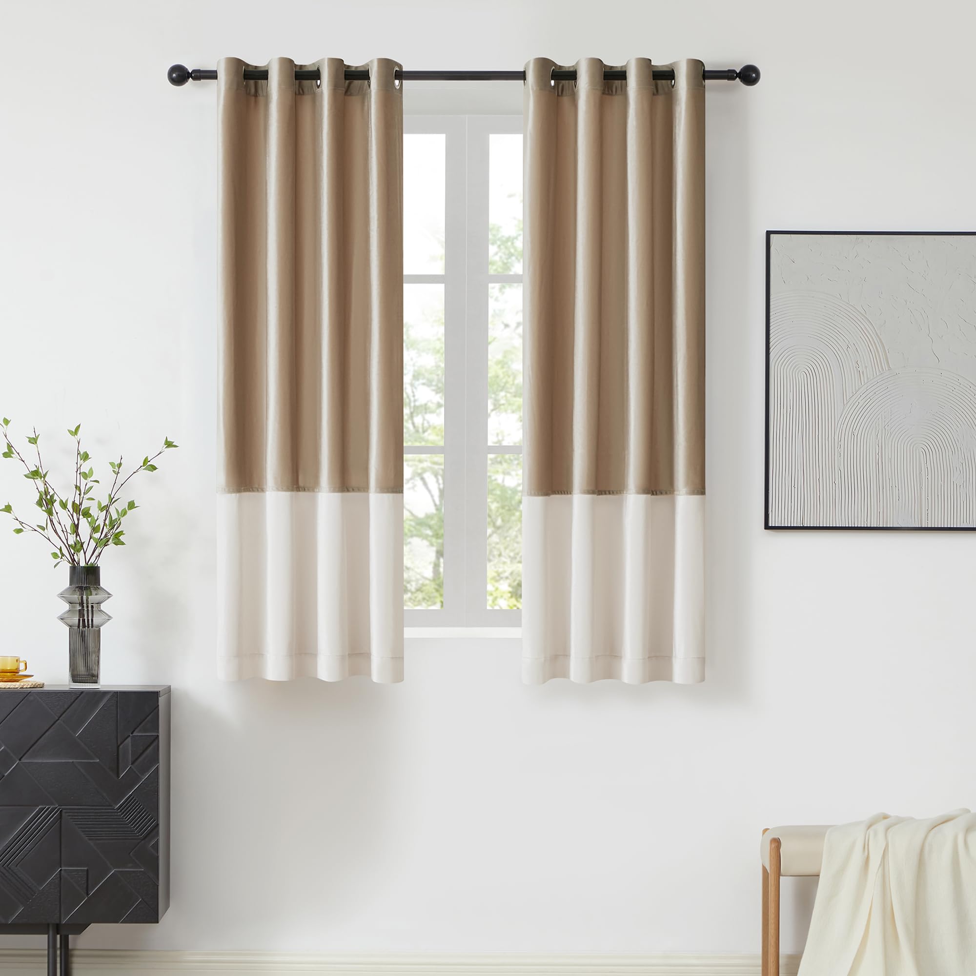 Bulbul Champagne Cream Ivory Color Block Window Curtains Panels 63 Inches Long Velvet Farmhouse Drapes For Bedroom Living Room D