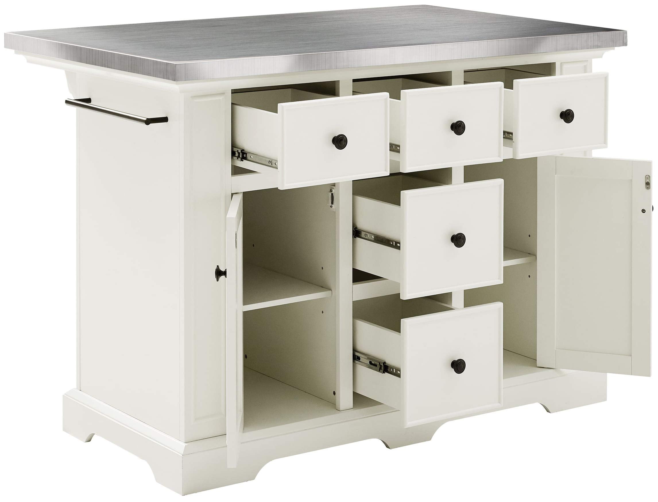 Crosley Furniture Julia Stainless Steel Top Island with Storage, Coffee Bar, and a Set of 2 X-Back Stools, White/Black
