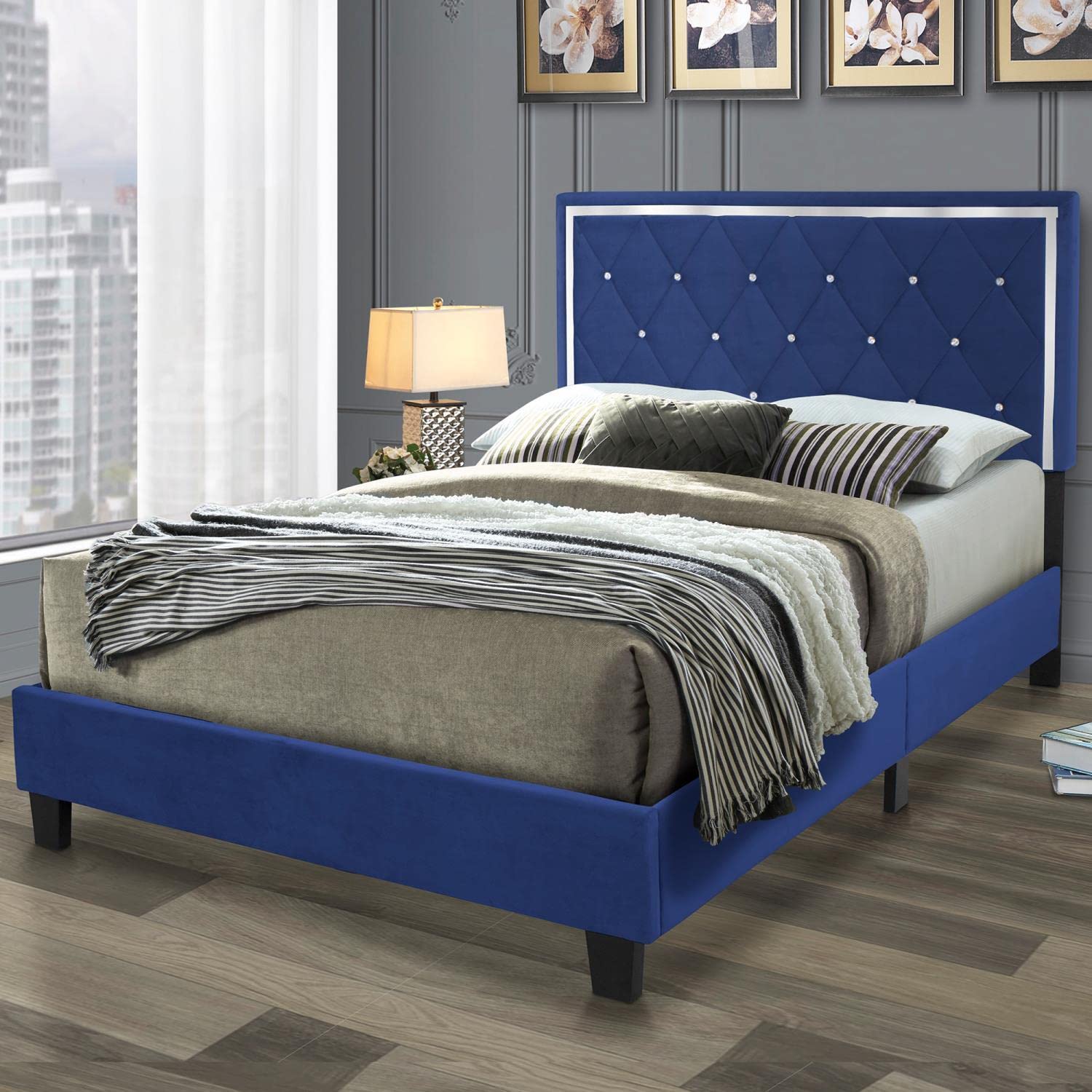 Better Home Products Monica Velvet Upholstered Queen Platform Bed in Blue