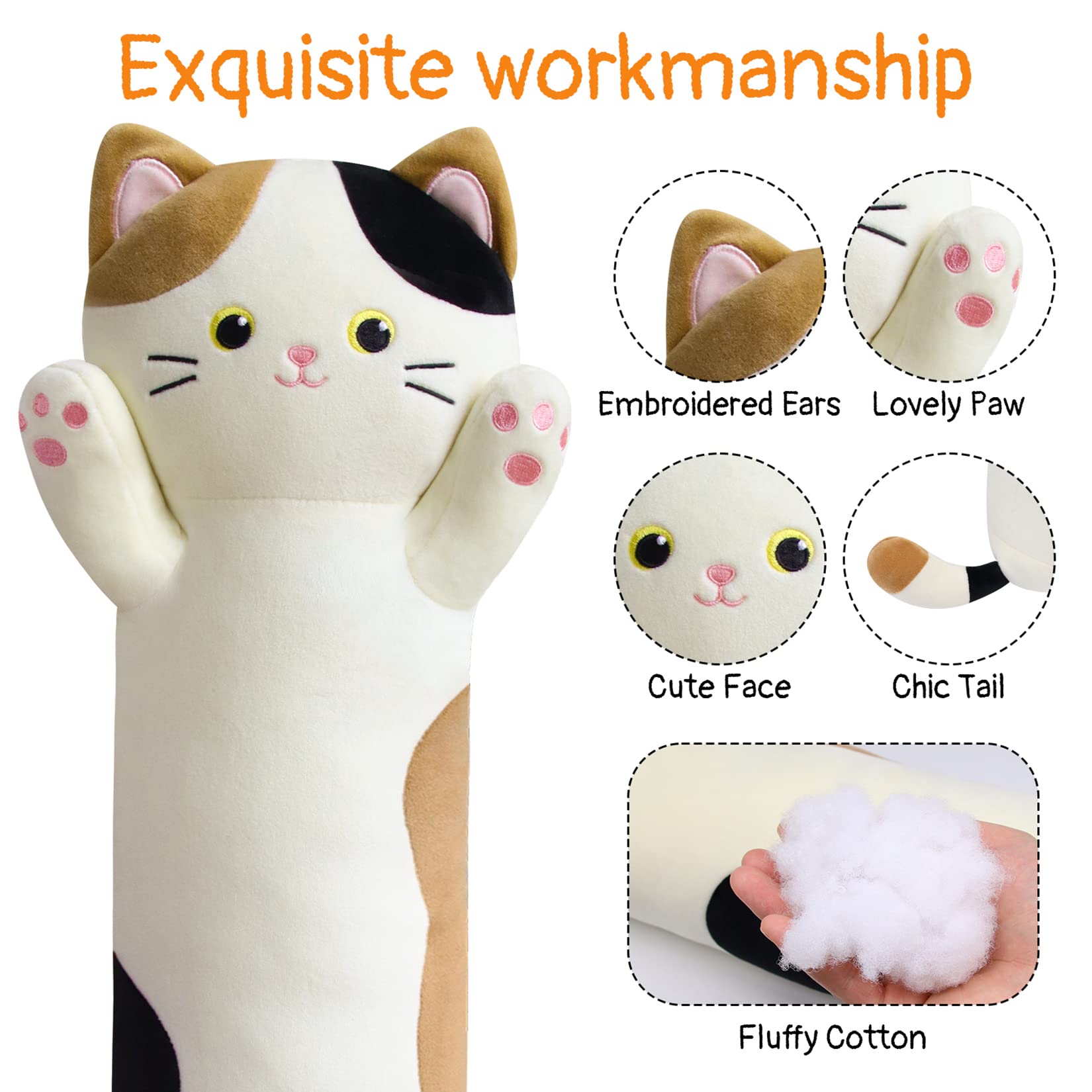 Jerokumi Long Cat Plush Pillow, 31Inch Cartoon Cat Boby Pillow Long Cat Hugging Pillow For Girls, Ctue Long Cat Pillow For Kids,