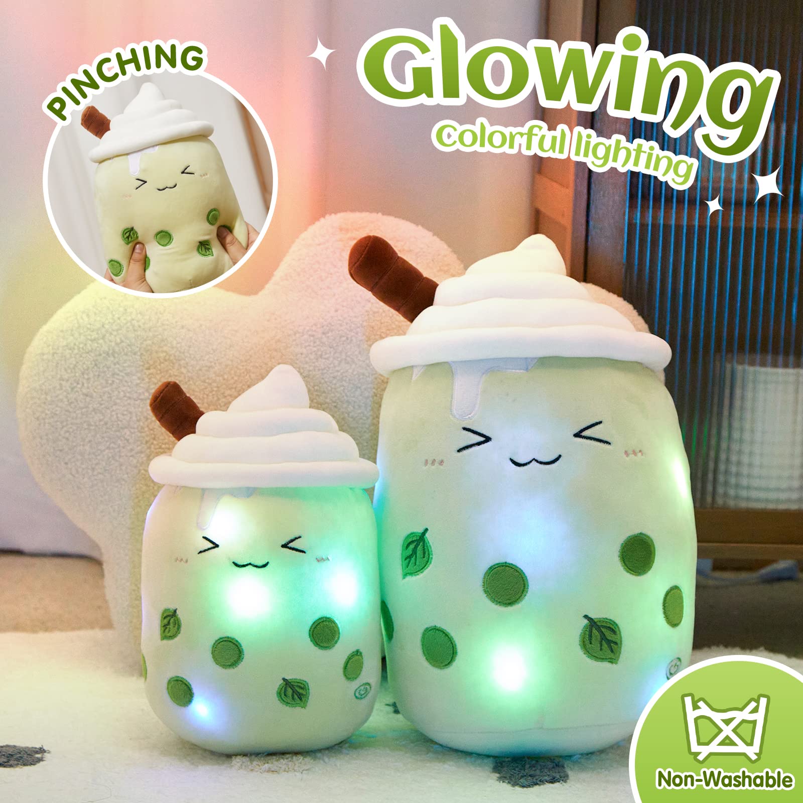 Athoinsu Light Up Matcha Tea Plush Pillow 10' Kawaii Stuffed Bubble Stuffed Animal Toy With Led Lights Birthday Christmas Holid