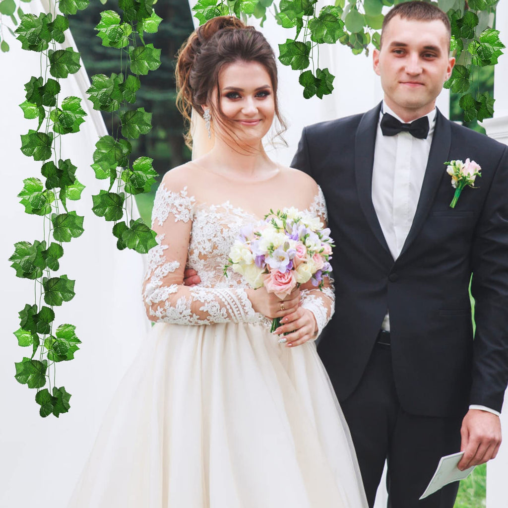 Hecaty 12 Strands 90 Ft Artificial Fake Grape Vines With 3 Strings Grapes, Hanging Plant Large Leaves Garland For Wedding Party
