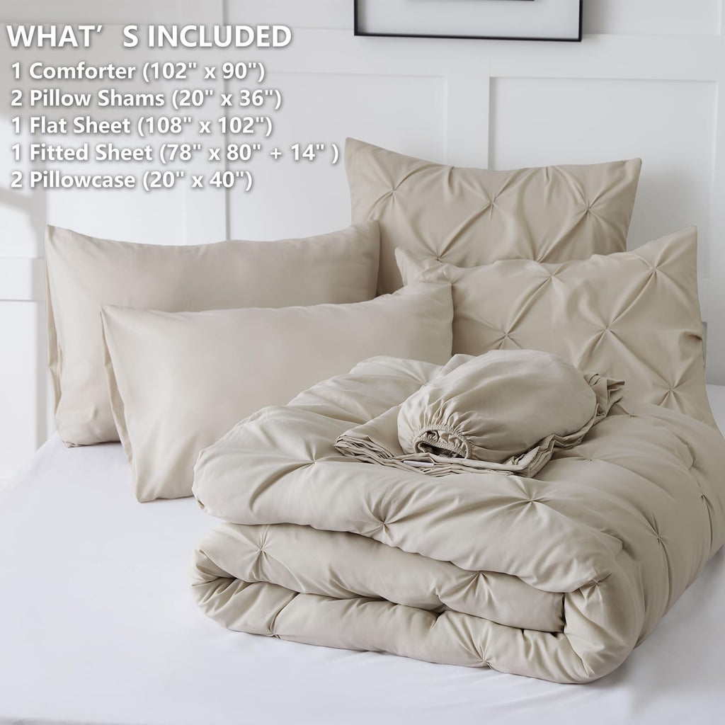 Himeet King Size Bedding Sets 7 Pieces King Bedding Set Pintuck King Size Comforter Set Pinch Pleat Beige