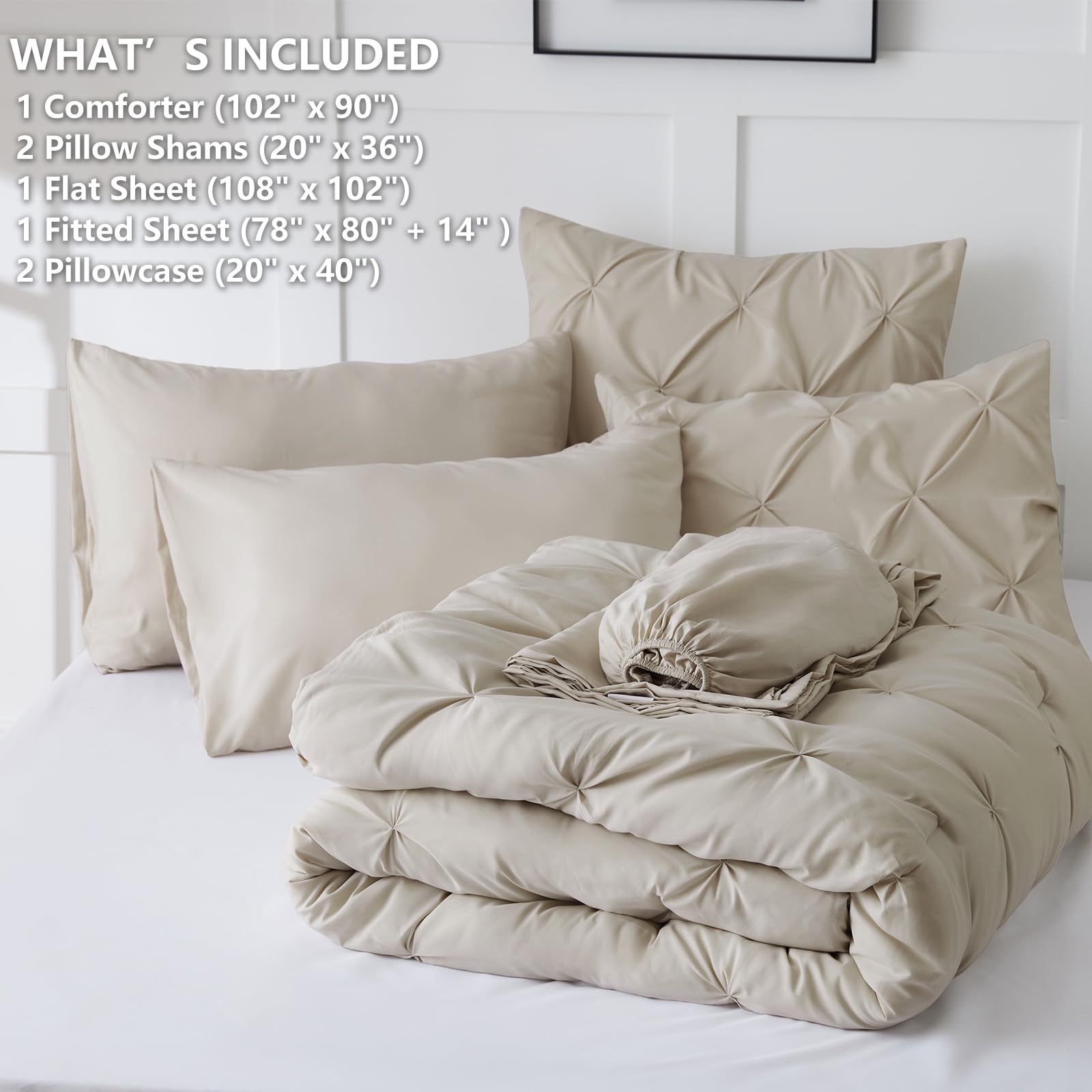 Himeet King Size Bedding Sets 7 Pieces King Bedding Set Pintuck King Size Comforter Set Pinch Pleat Beige
