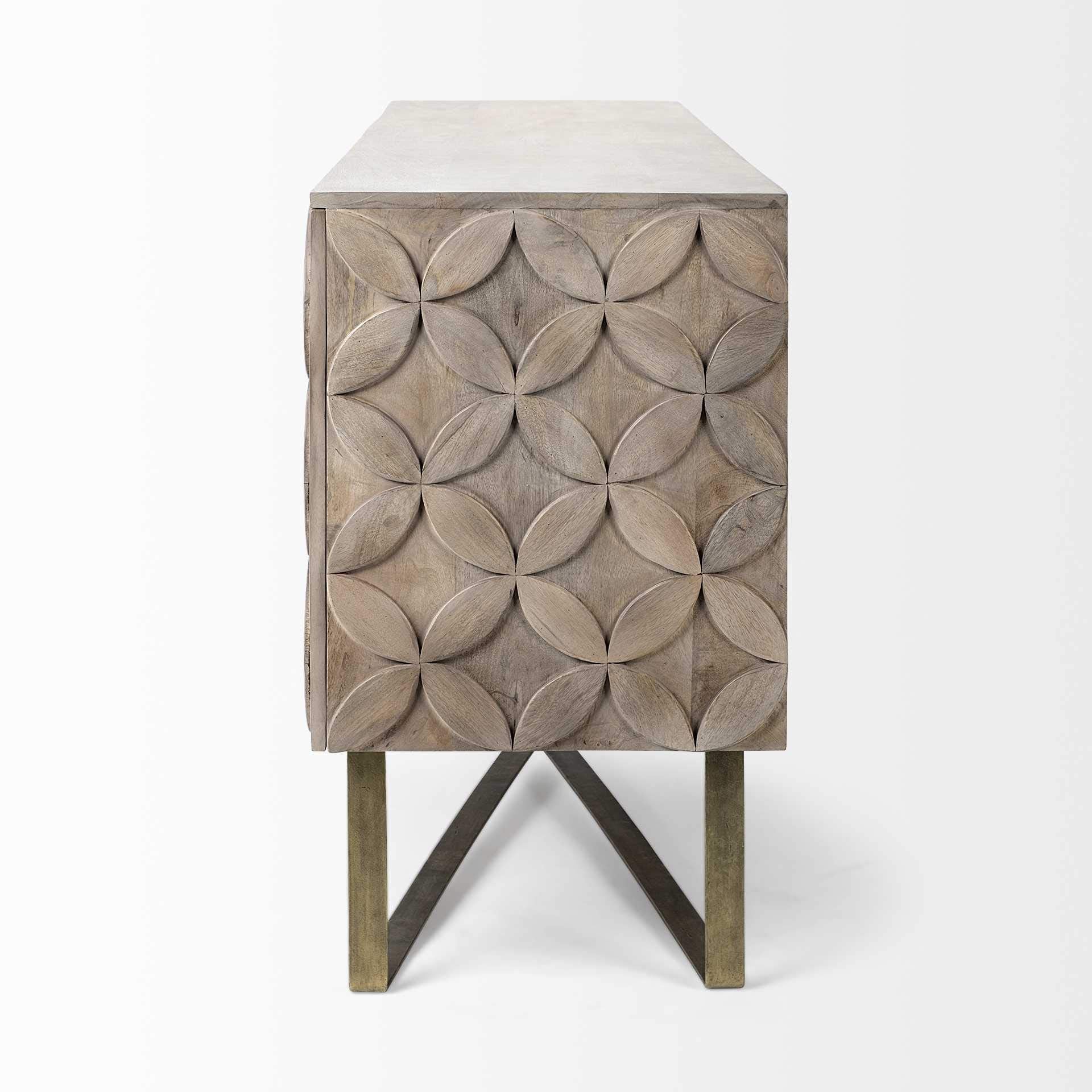 HomeRoots Light Brown, Antiqued Gold Wood, Metal Light Brown Solid Mango Wood Finish Sideboard with 4 Cabinet Doors