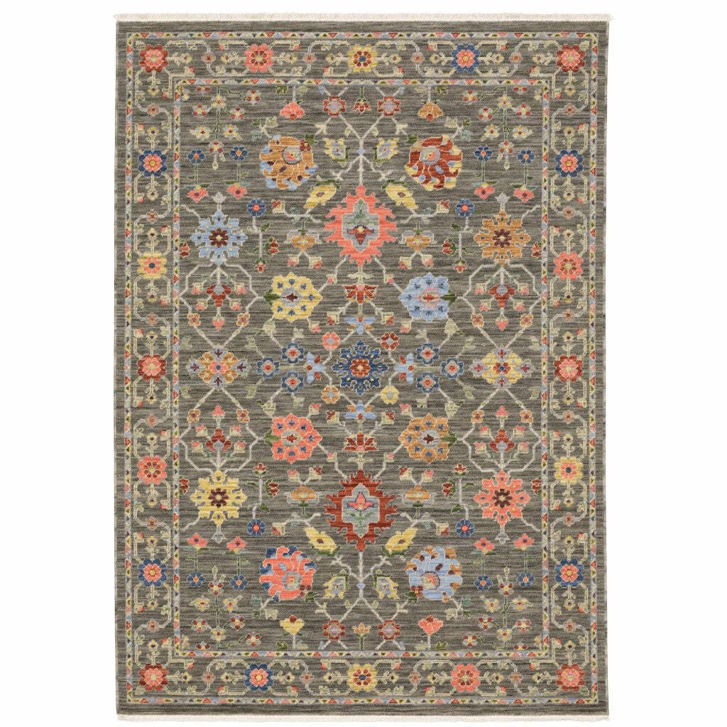 HomeRoots 509279 6 x 9 ft. Gray Salmon Pink Gold Blue Rust Deep Blue Ivory & Green Oriental Power Loom Stain Resistant Rectangle Area Rug with Fringe