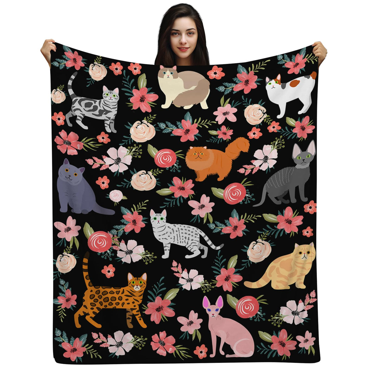 Wzomt Cute Cat Blanket For Girls Women,Cartoon Kawaii Cats With Floral Flowers On Black Throw Quilt For Kitten Cat Lovers,Super
