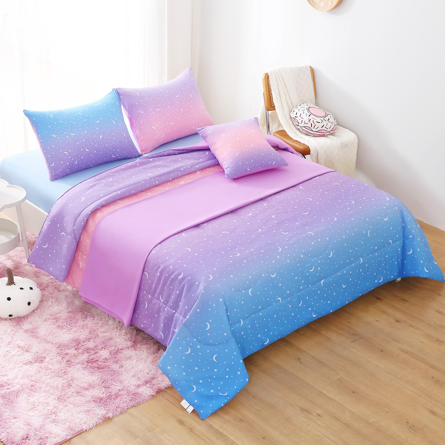 Jqinhome Queen Girls Comforter Set,6 Piece Bed In A Bag 3D Purple Orange Glitter Bedding Set -All Season Microfiber Rainbow Bedding Sets For Girls Women