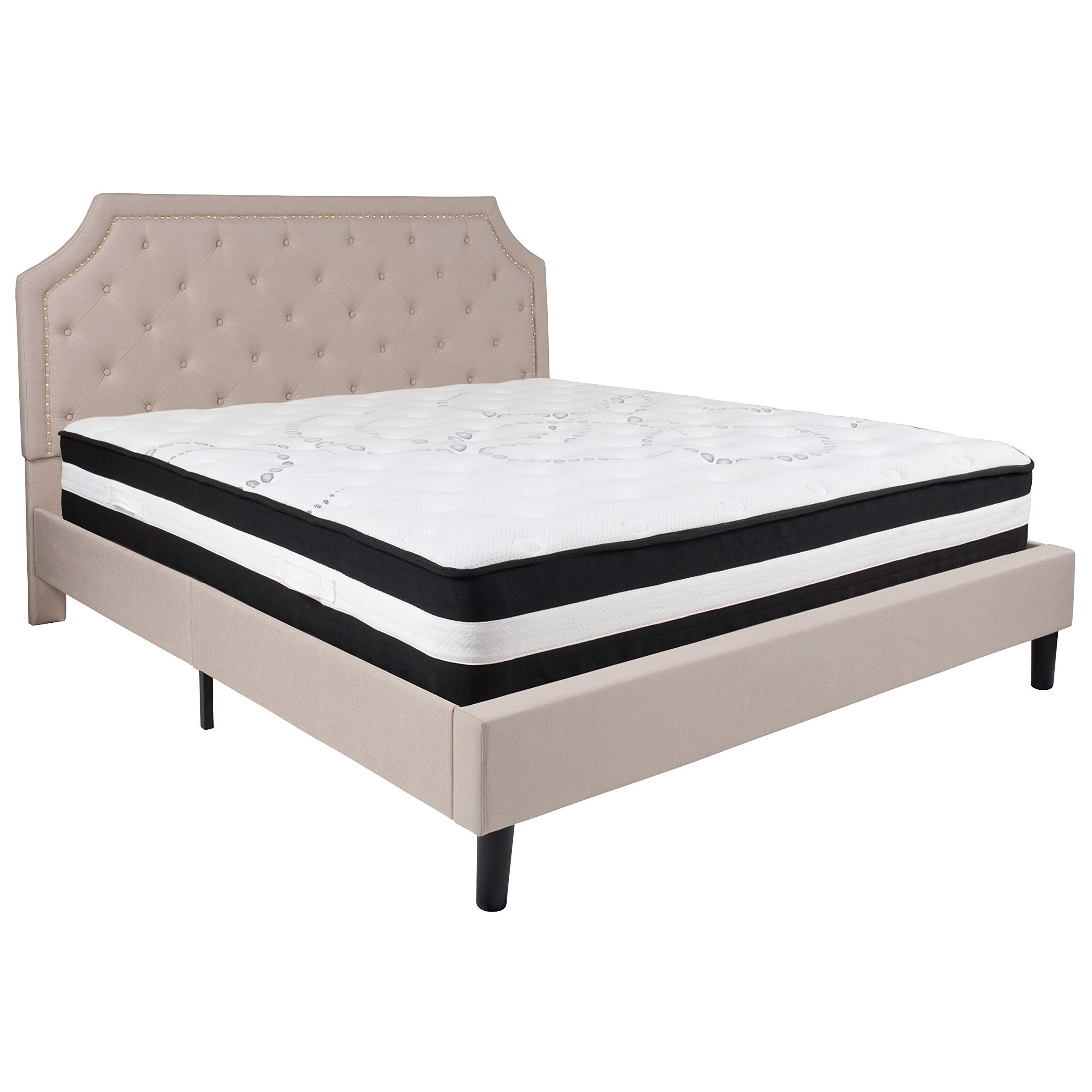 Flash Furniture Brighton King Size Tufted Upholstered Platform Bed In Beige Fabric With Pocket Spring Mattress