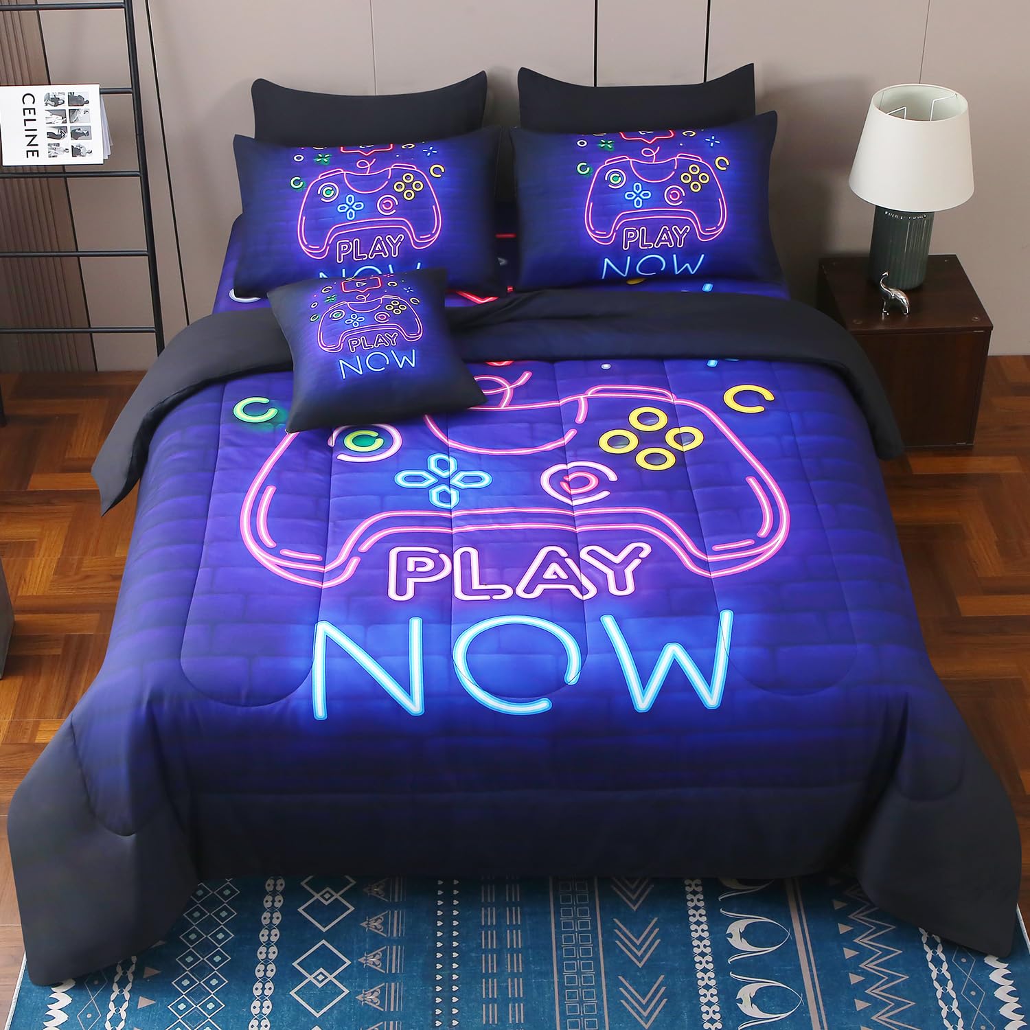 Jqinhome Full Gamer Comforter Set 8 Piece Bed In A Bag For Boys,3D Neon Light Up Design For Classic Console -All Season Soft Mic