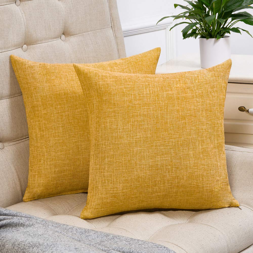 Anickal Set Of 2 Mustard Yellow Pillow Covers Rustic Linen Decorative Square Throw Pillow Covers 18X18 Inch For Sofa Couch Decor