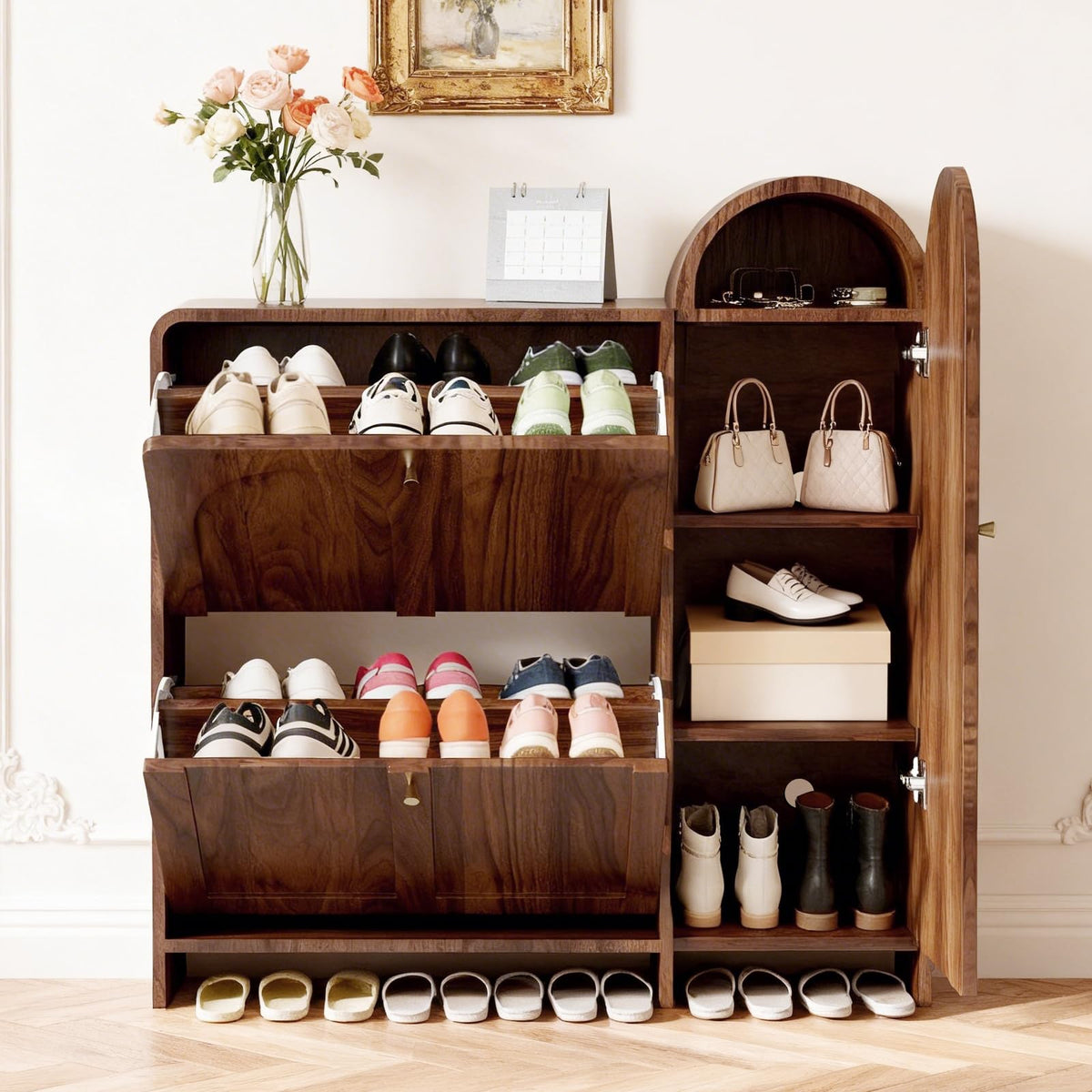 HOJEJV Arched Cabinet with DoorsShoe Cabinet,Hidden Shoe Rack,Shoe Stand for Entryway Compact Shoe Storage in Walnut Finishes,M