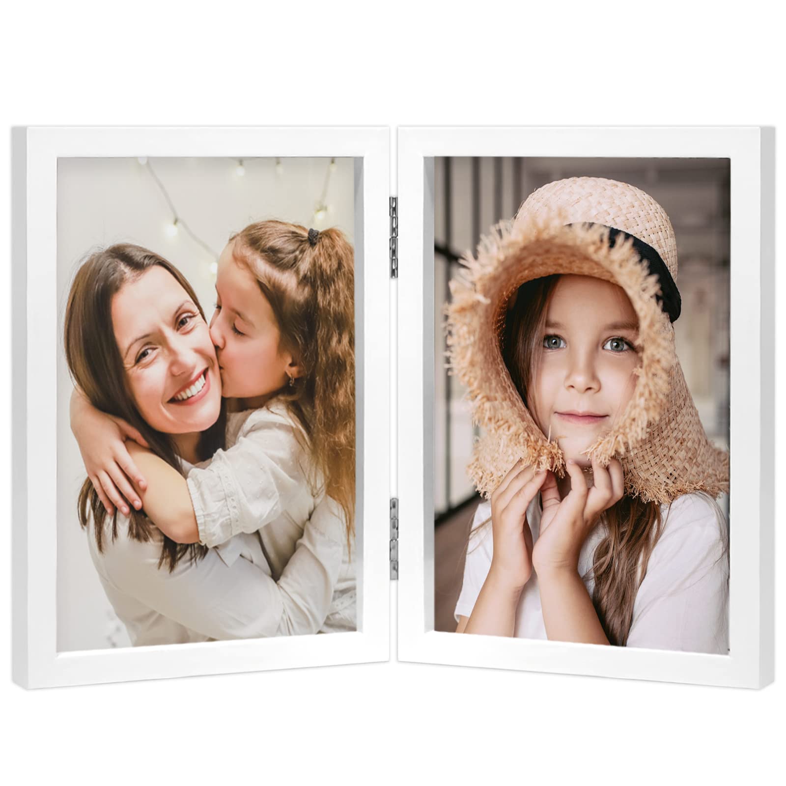 ORIVAN 5x7 Double Picture Frames Hinged Folding Photo Frames Vertical Stand Frames (White)