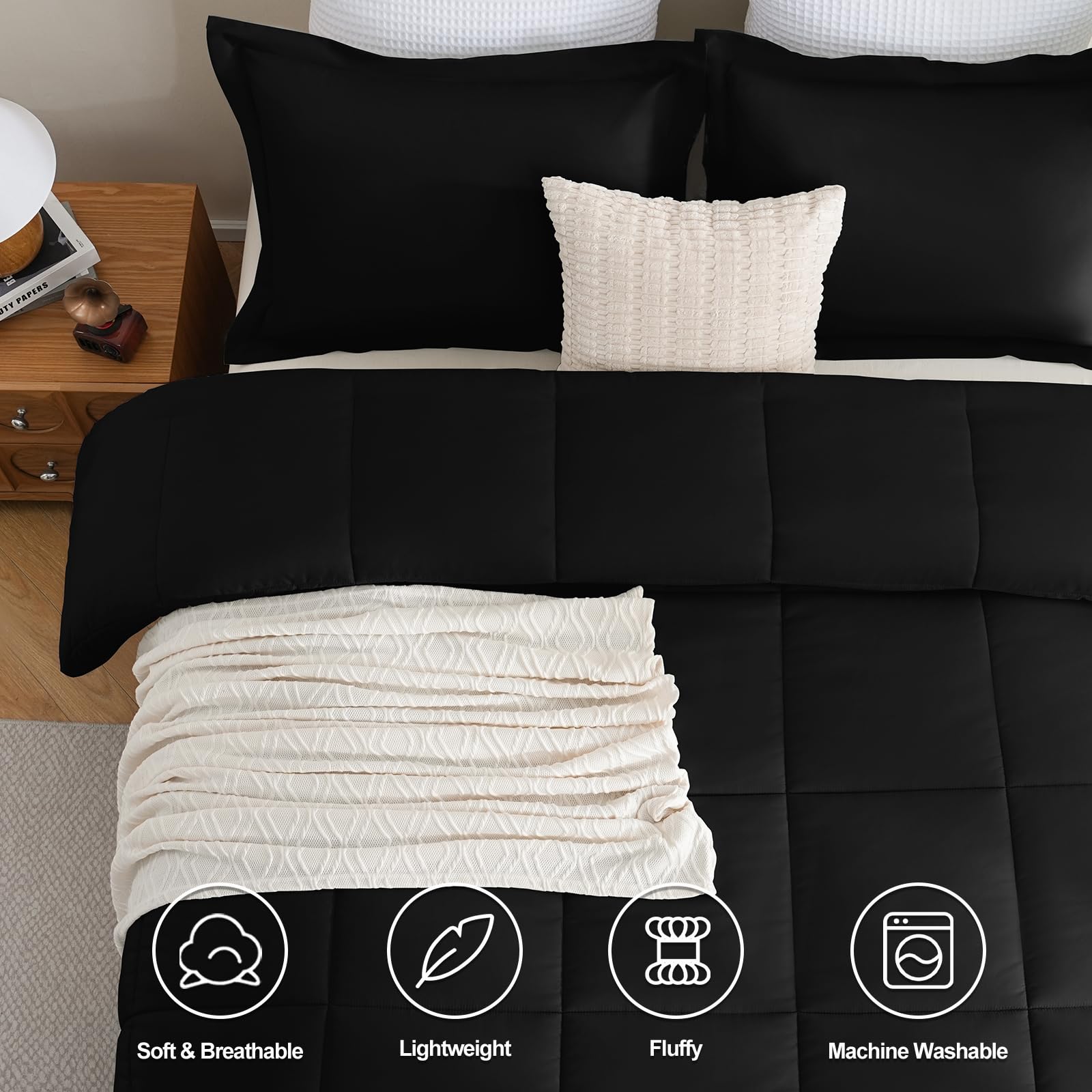 Cozylux Full Size Comforter Sets - Black Comforter Full Size, 3 Pieces Box Stitched Bed Set For All Seasons, Soft Lightweight Bedding Sets With 1 Down Alternative Comforter And 2 Pillow Shams