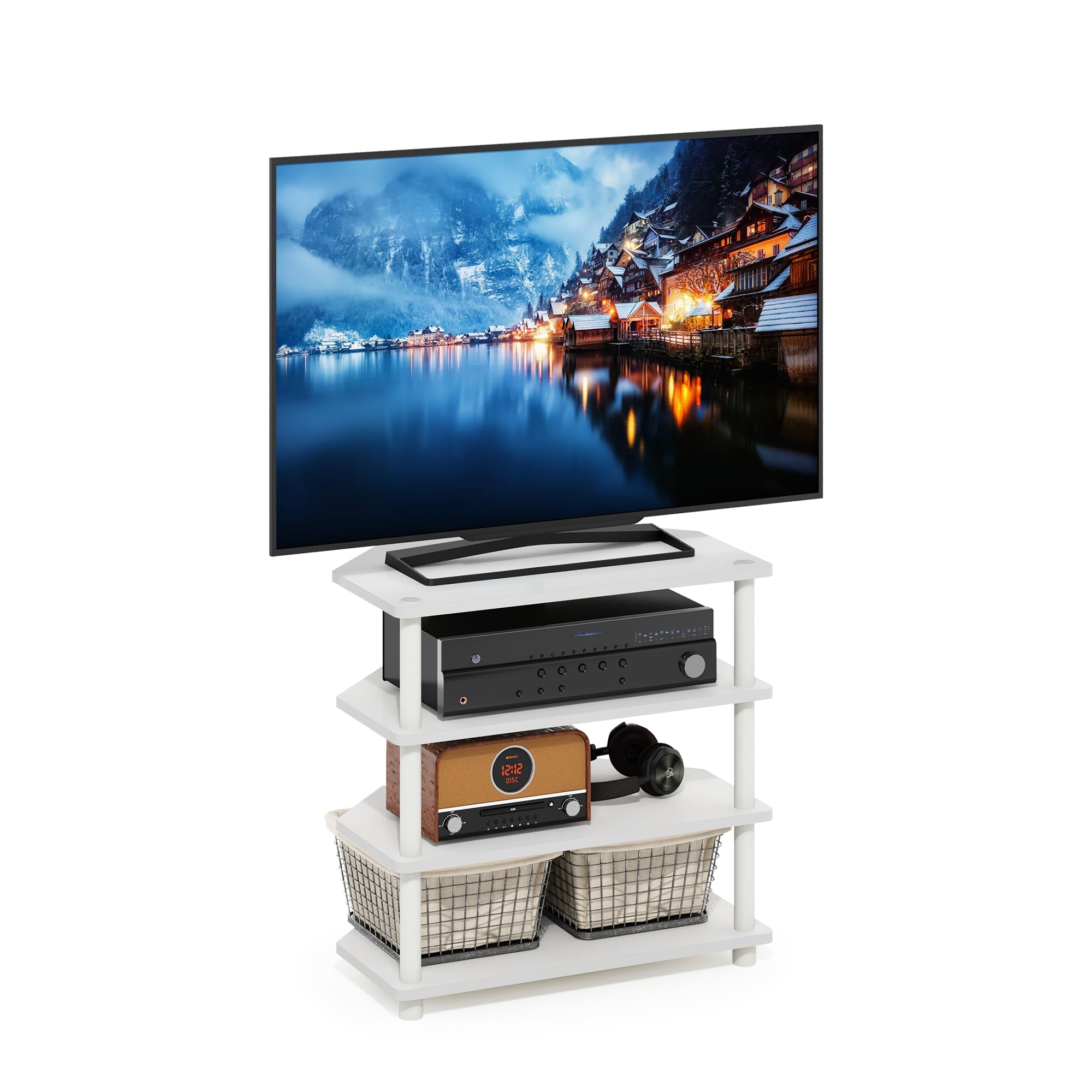 Furinno 4-Tier Petite TV Stand for 32 Inch TVs, Easy Assembly, White/White Finish