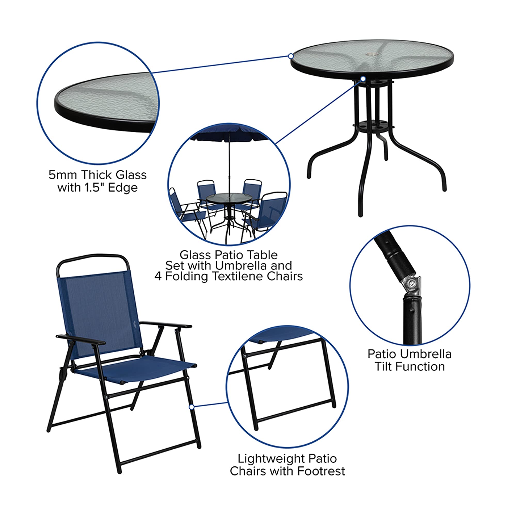 Flash Furniture Nantucket 6-Piece Patio Dining Set with Glass Table, 4 Folding Chairs, and Umbrella, Outdoor Patio Table, Chairs, Umbrella Set, Navy