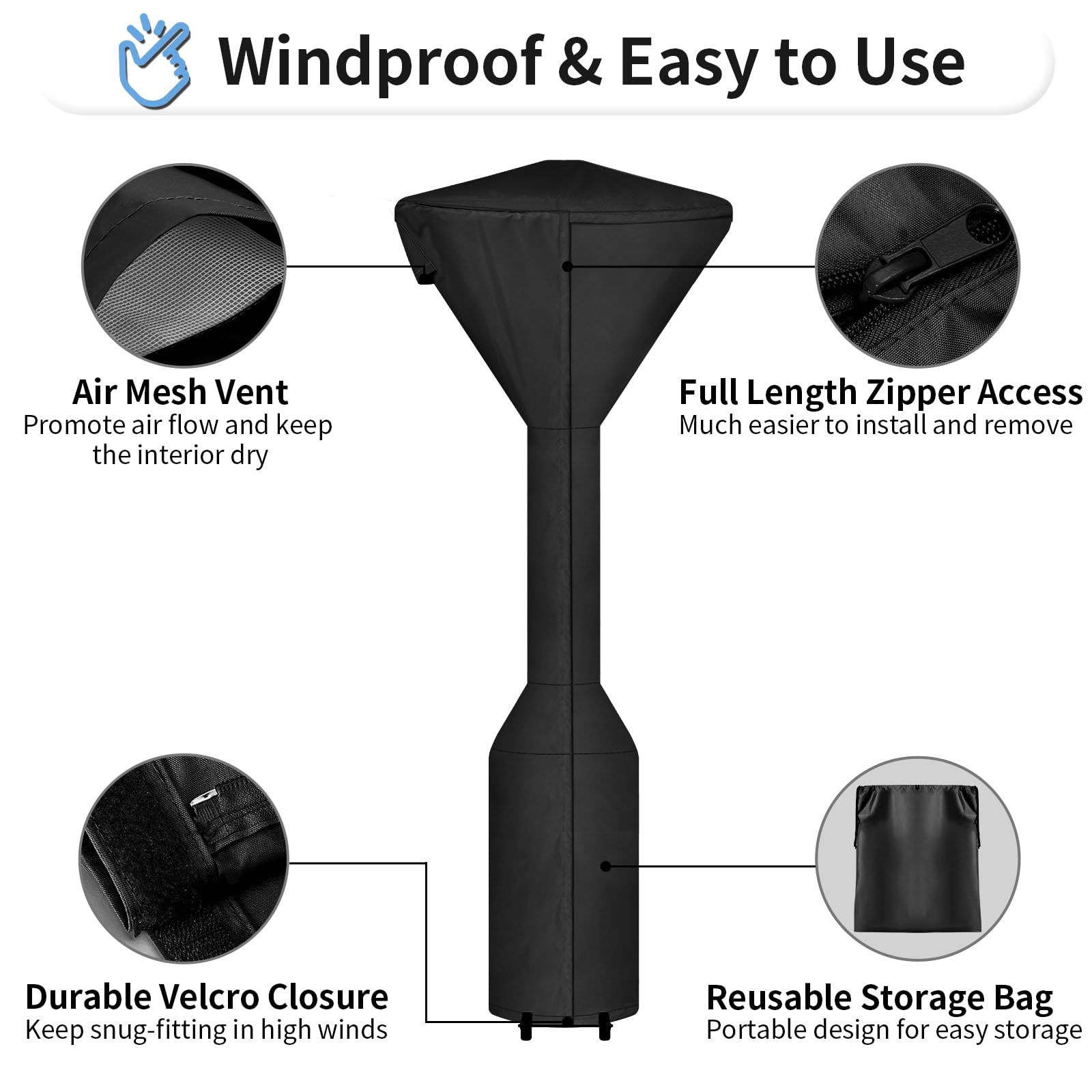 Outdoorlines Waterproof Outdoor Patio Heater Covers With Zipper And Storage Bag, Dust-Proof Uv-Resistant Windproof Propane Heavy Duty Heater Cover For Standing Heater, 1 Pack-95Hx34Dx19B Inch Black