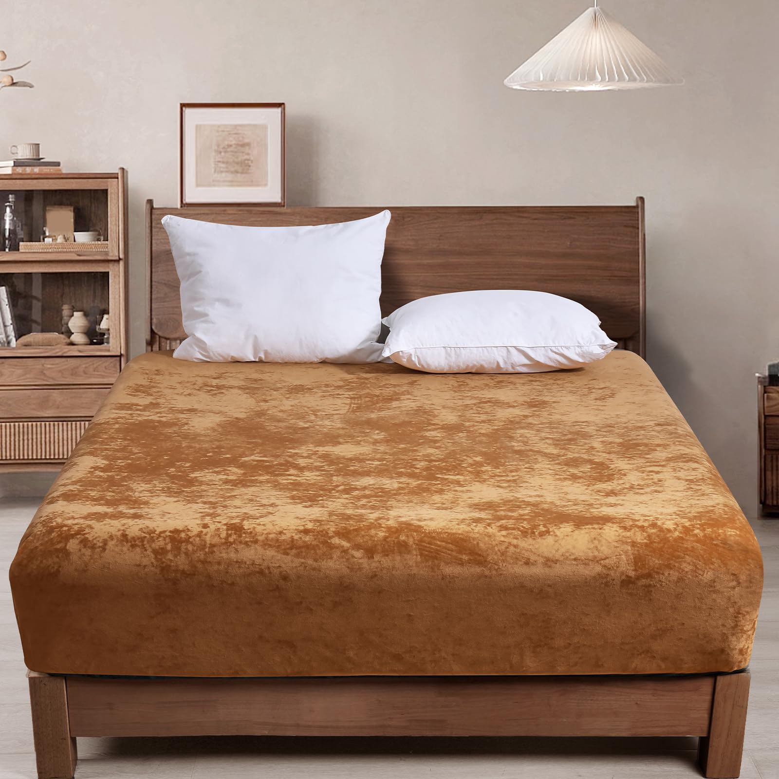 Phf Truly Velvet Fitted Sheet Only Queen Size, Luxury Super Soft Cozy Comfy Fleece Bottom With 15' Deep Pocket, Suitable For Fall Winter And Spring, No Pillowcases, Brown Sugar