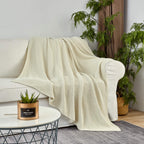 Longhui Bedding Cream Knitted Throw Blanket For Couch, Soft, Cozy Machine Washable 100% Cotton Sofa Knit Blankets, Heavy 3.0Lb W