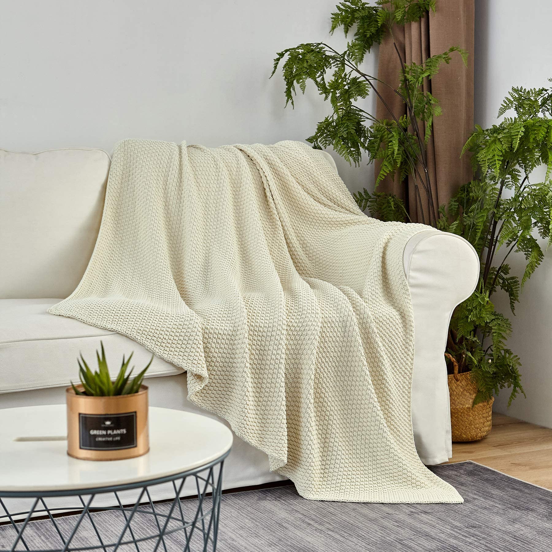 Longhui Bedding Cream Knitted Throw Blanket For Couch, Soft, Cozy Machine Washable 100% Cotton Sofa Knit Blankets, Heavy 3.0Lb W