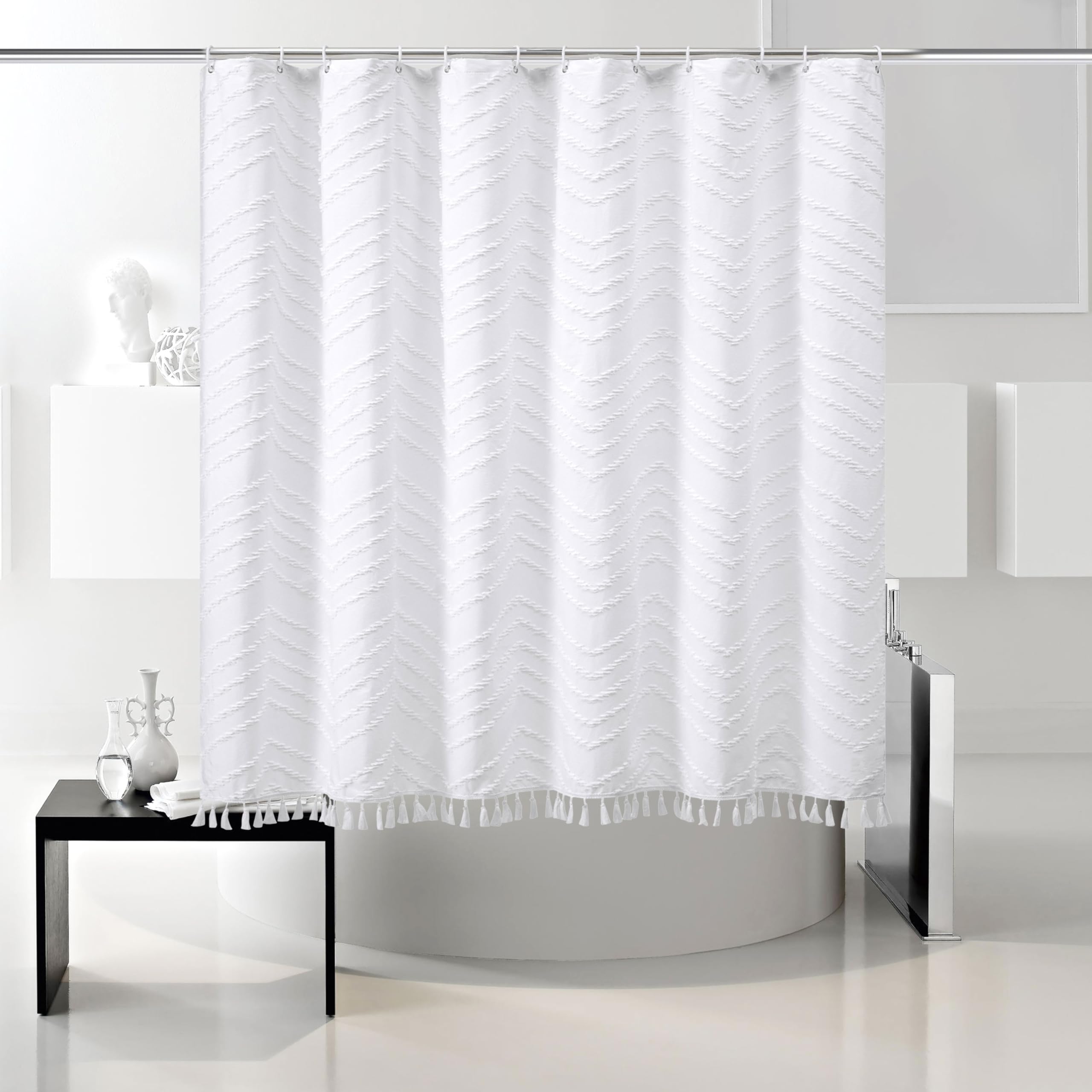 Boho Shower Curtain White Tassel Woven Fabric Short Shower Curtain 72 X 66 Modern Farmhouse Textured Tufted Chevron Striped Mini