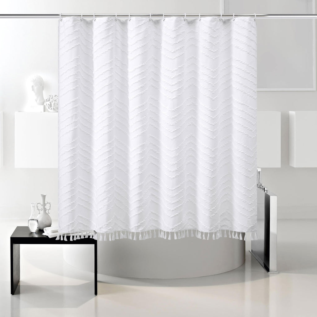 Boho Shower Curtain White Tassel Woven Fabric Short Shower Curtain 72 X 66 Modern Farmhouse Textured Tufted Chevron Striped Mini